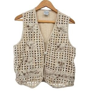 Cascade Blues Vest Embroidered Lattice Floral Boho Cottage Core Retro Size MD